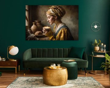 Meisje met Cappuccino - Elegant Schilderij