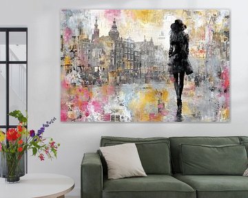 Städtische weibliche Silhouette in Amsterdam - gelb rosa lebendige Street Art Malerei von BowiScapes Abstrakt und digitale Kunst