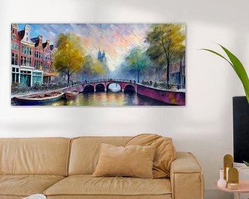 Amsterdamer Gracht, Boote und Häuser als Aquarell von Patricia Hofmeester