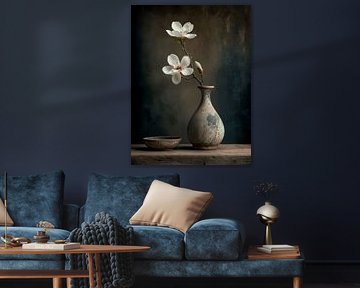 ZEN. Heiteres Stillleben einer Magnolienblüte auf einer organischen Vase. von Studio Pieternel