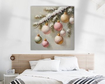 eine malerische Weihnachtsatmosphäre mit Tannenzweigen, Schnee und Kugeln.