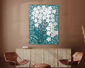 Spark - Blauer Hintergrund mit weißen Blumen | Moderne Blumenmalerei von Theda Wiebrands