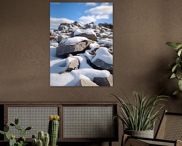 Snow-covered rocks against an alpine backdrop by drdigitaldesign