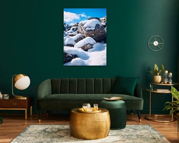 Snow-covered rocks against an alpine backdrop by drdigitaldesign