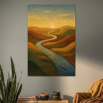 Kronkelende rivier door kleurrijke heuvels bij zonsondergang