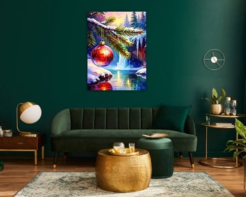 Magie hivernale de Noël : une forêt de sapins enneigée avec une boule de Noël rouge dans la lumière du soir où les flocons de neige tombent doucement et où une cascade partiellement gelée anime le jeu du mouvement et du silence.