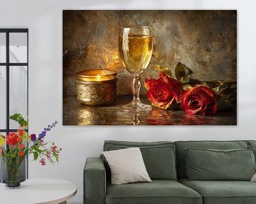 Luxury still life with champagne and red roses