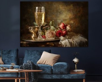Champagne and Roses - Gold Romantic Painting