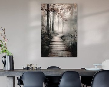 Houten Wandelpad in de Mist - Sepia Mysterieus Fotografie