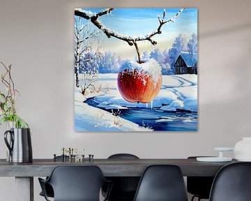 Red winter apple: A last glowing apple on a snow-covered branch, surrounded by frosty meadows, glistening icicles, snow-covered bushes and an old wooden house in the morning light by AidasignArt