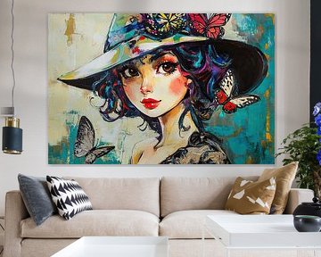 Girl with Hat | Woman with Hat and Butterflies by Eye catching paintings