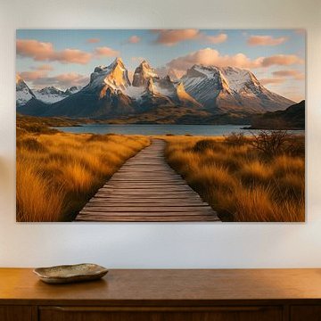 Houten pad naar ruige bergtoppen