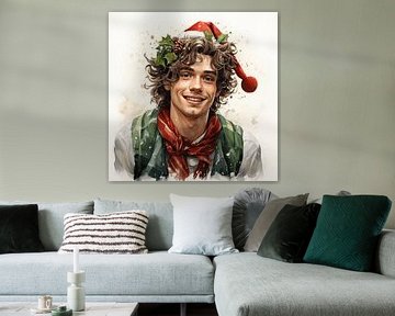 Xmas young man christmas outfit with cap holly cone