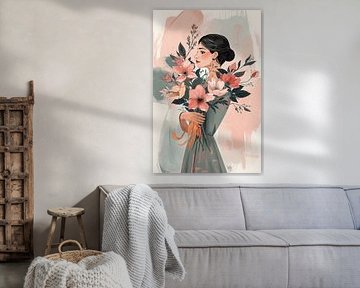 Eleganz in Blüten – Stilvolle Frau mit Blumenbouquet von Dante S