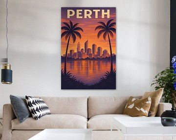 Perth Sunset Reflections - Retro Skyline &amp ; Palm Silhouette Poster