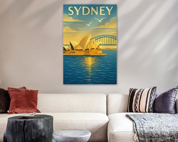 Sydney - Golden Harbour Art Deco Travel Print