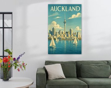 Auckland Harbour Skyline - Retro Segelboot Kunstdruck