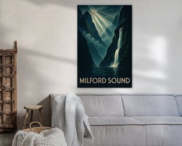 Milford Sound Mystique – Retro Fjord & Waterfall Poster by Travel Shop