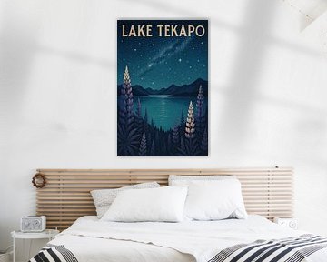 Lake Tekapo Nightscape - Sternbeleuchtete Lupinenfelder Poster von Travel Shop