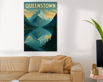 Queenstown Peaks & Lake Mirror - Vintage Berg Illustration