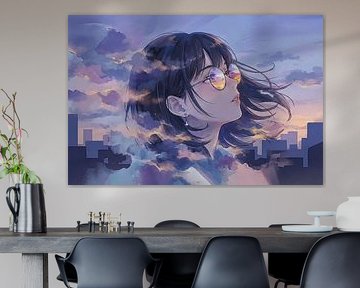 Anime Woman With Glasses, Sunset Reflection, Clouds, and Cityscape. by Markus Gann