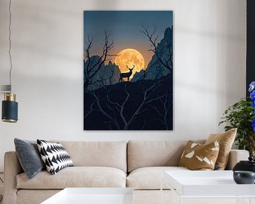 Hirschsilhouette mit Vollmond, Bergen und kahlen Bäumen von Markus Gann