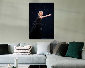 Woman in Black Dress with Arm Extended, Starry Background