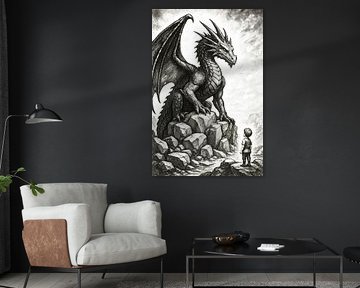 Illustration d'un dragon sur des rochers face à un garçon sur Markus Gann