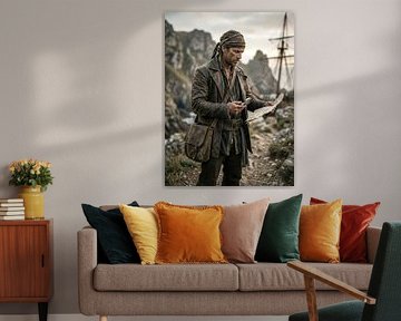 Mann mit Karte und Lupe in der Nähe eines Schiffes von Markus Gann