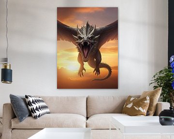Dragon gris volant sur fond de coucher de soleil orange sur Markus Gann