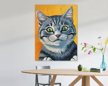 Painting of Gray Tabby Cat with Green Eyes on Orange Background
