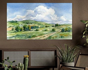 Watercolor Landscape with Hills, Fields, and Clouds