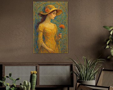 Anmutige Frau mit Hut und Blumen bild. von Johannes