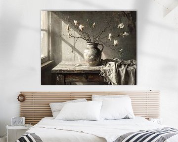 Stone vase with branches and magnolia flowers