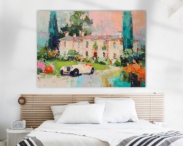 Maison dans le jardin avec voiture vintage