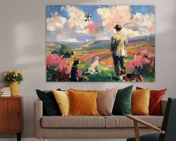 Hunters with dogs in the countryside