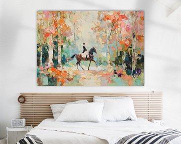 Rider on brown horse in autumn forest