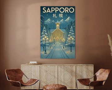 Sapporo Winter Wonderland - Affiche du paysage urbain enneigé &amp ; Mountain Glow