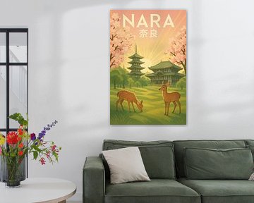 Les temples tranquilles de Nara - Daim sacré &amp ; Pagode Art déco Poster