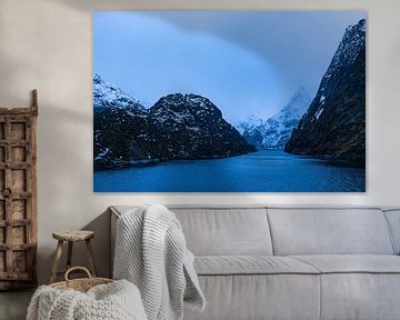 Bergen en rotsen bij de Trollfjord in de winter in Lofoten, Noorwegen