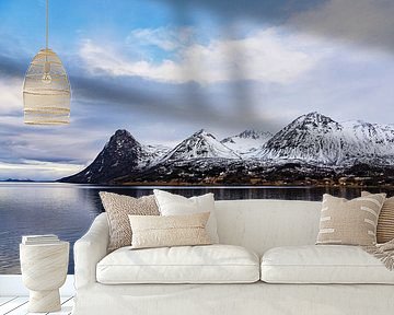 Bergen en rotsen in de winter bij Harstad in Noorwegen