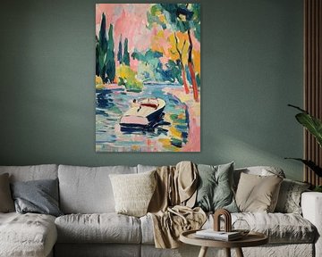 Bateau à moteur blanc sur un lac aux couleurs pastel