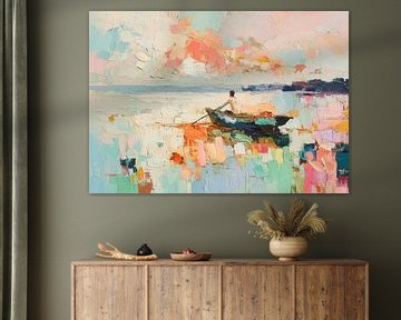 Un homme rame sur l'eau bleue