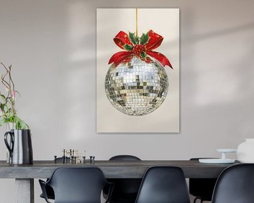 Aquarell-Illustration einer Weihnachts-Disco-Kugel mit roter Schleife und Stechpalme