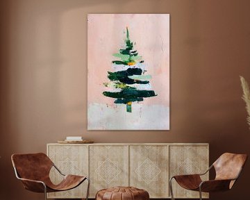 Abstrakter minimalistischer Weihnachtsbaum in frischen Grüntönen auf einem pastellrosa Hintergrund