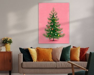 Fröhliche Illustration eines Weihnachtsbaums mit bunten Kugeln auf hellrosa Hintergrund