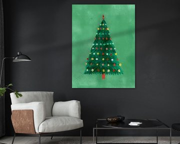 Fröhliche minimalistische Weihnachtsbaum-Illustration in Grüntönen mit bunten Lichtern