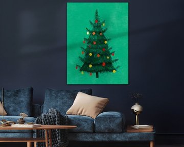 Freundliche Weihnachtsbaum Illustration mit warmen Lichtern auf grünem Hintergrund