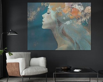 Quiet woman and flowers in her hair