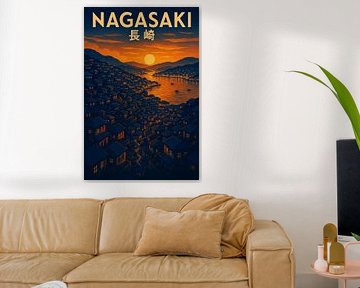 Nagasaki Sunset Harbor - Impression d'art rétro japonaise sur le paysage nocturne